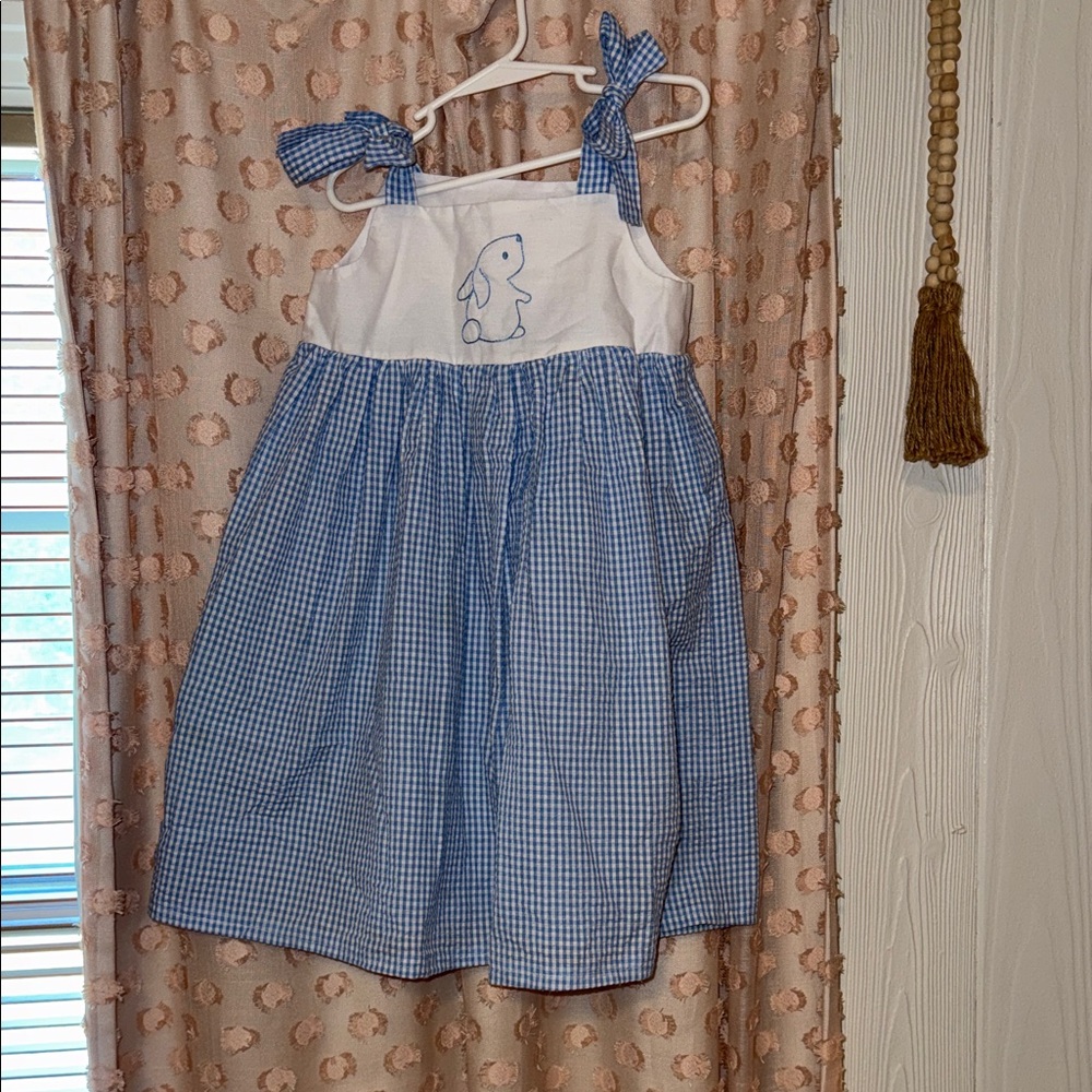 Blue and White Kids Dress with Bunny Embroidery